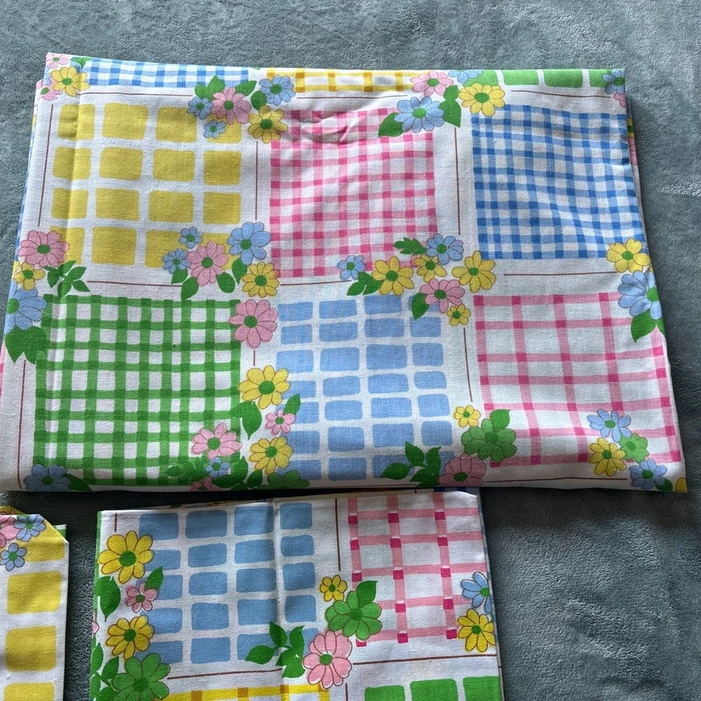 Vintage Cannon 70s Daisy TWIN‎ SIZE Sheet Set Gingham Square Monticello Muslin
